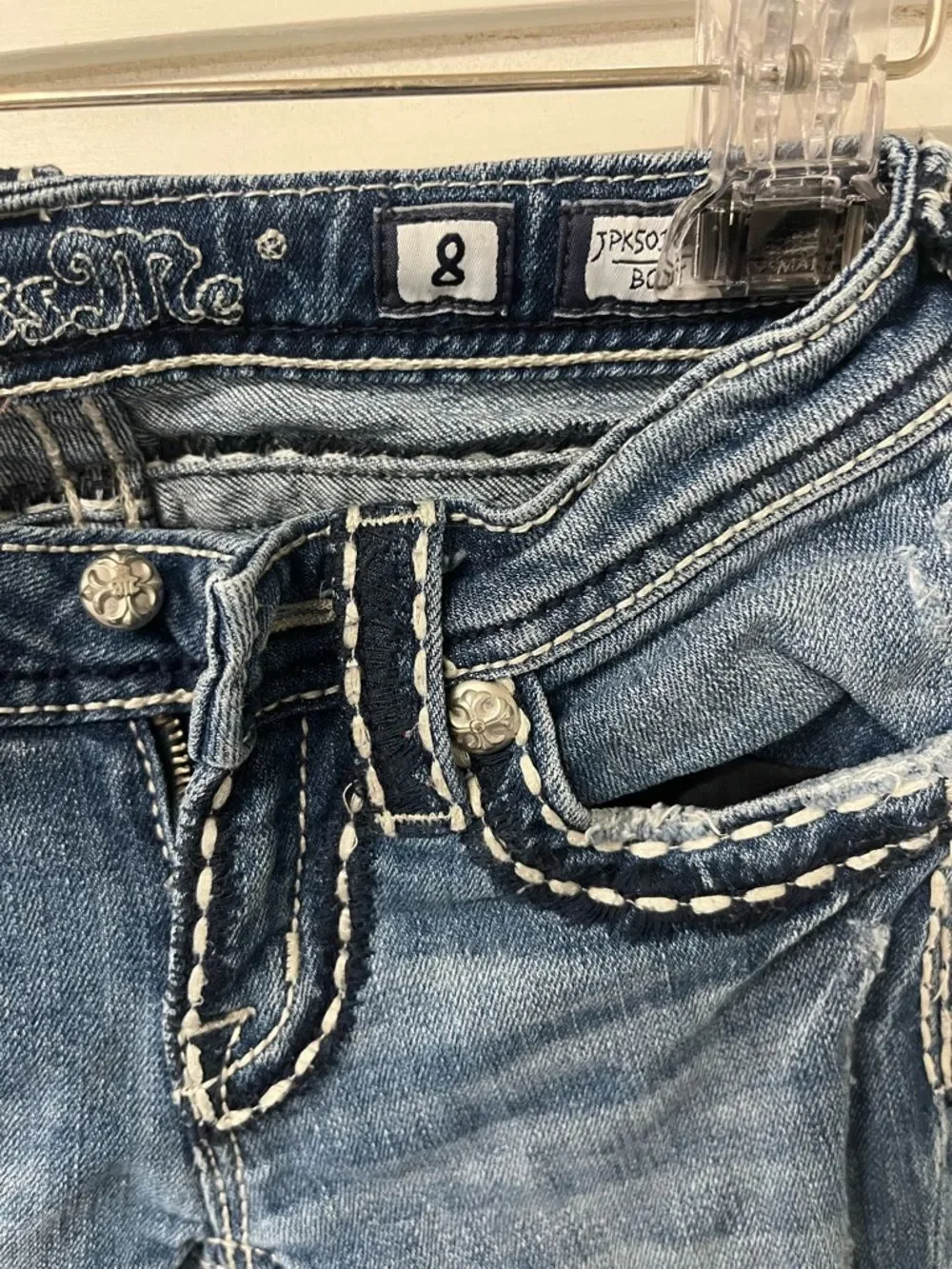 Miss Me Distressed Flare Jeans in Faded Blue✨